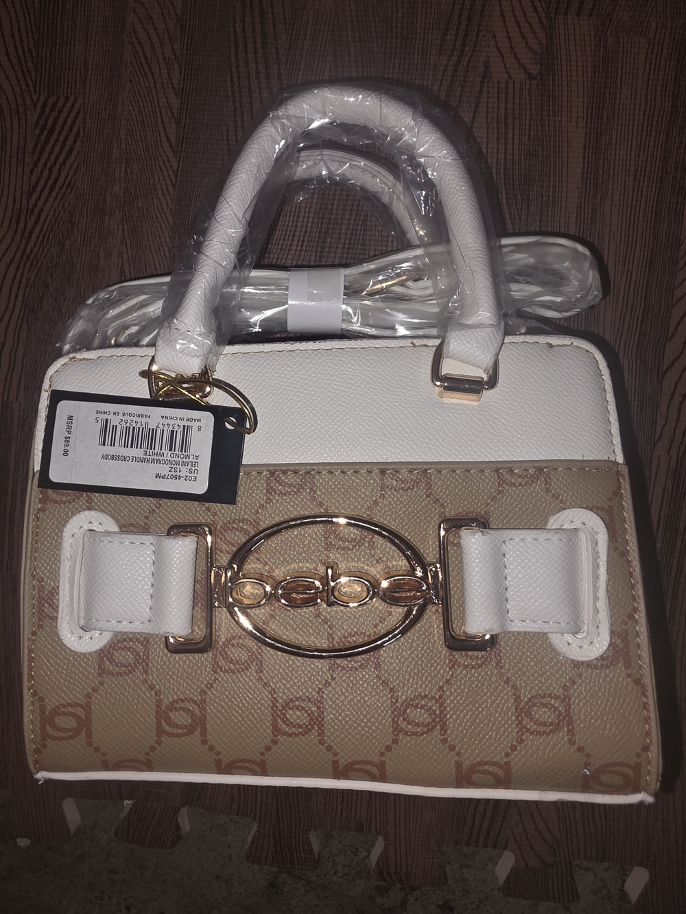 bebe White and Beige Logo-Print Satchel with Gold Hardware